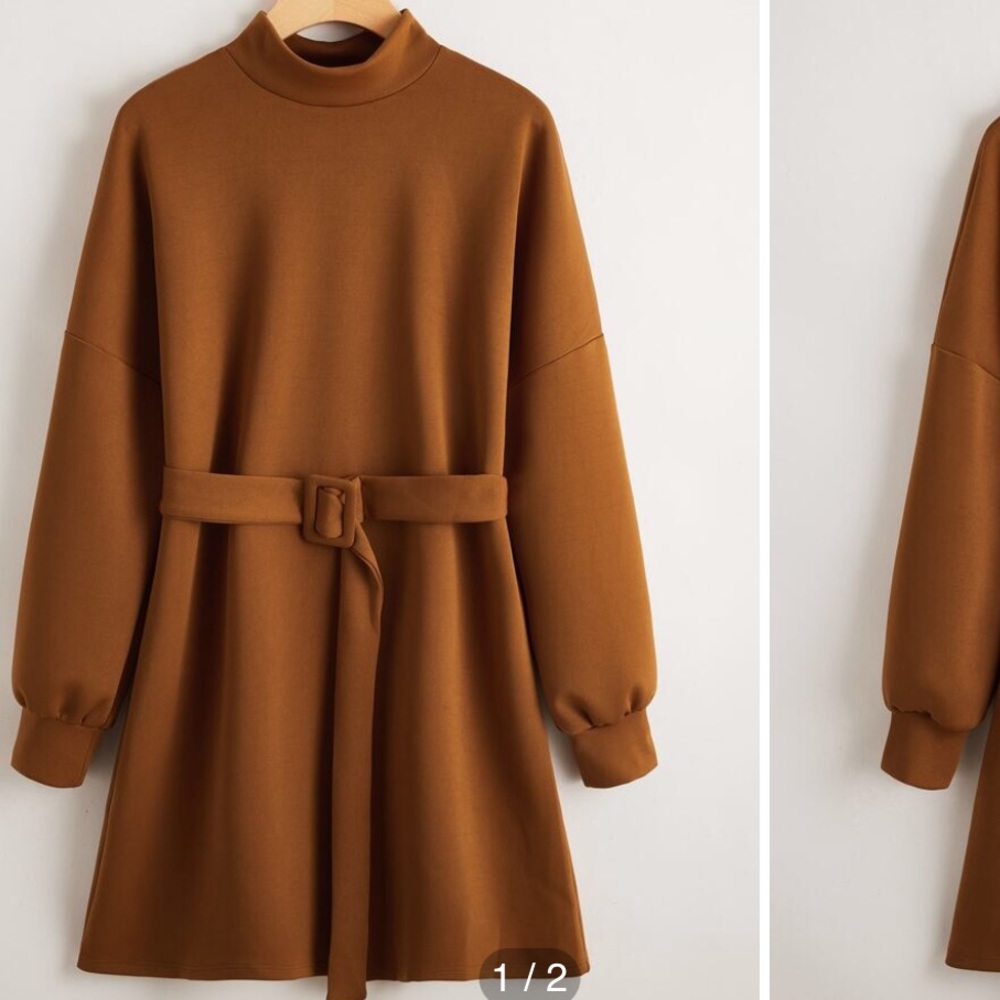 Mock-Neck Drop Shoulder Buckle Belted Dress